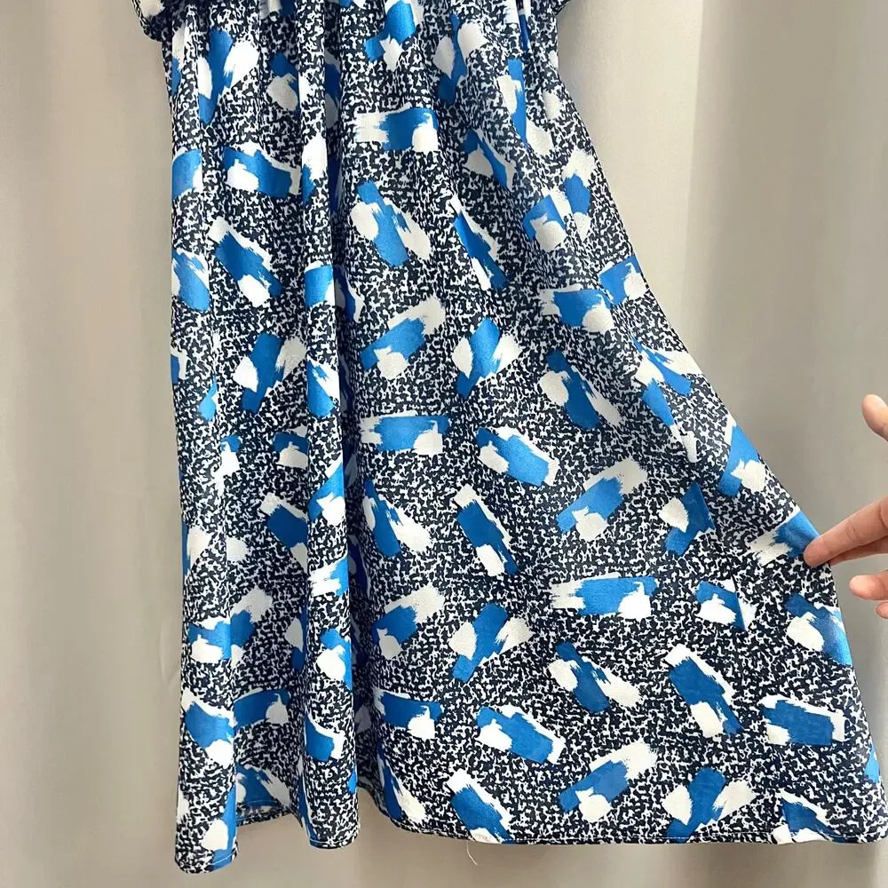 VINTAGE LARGE 90's Blue Abstract Day Dress Midi Peter Pan Collar Short Sleeve - Picture 5 of 8